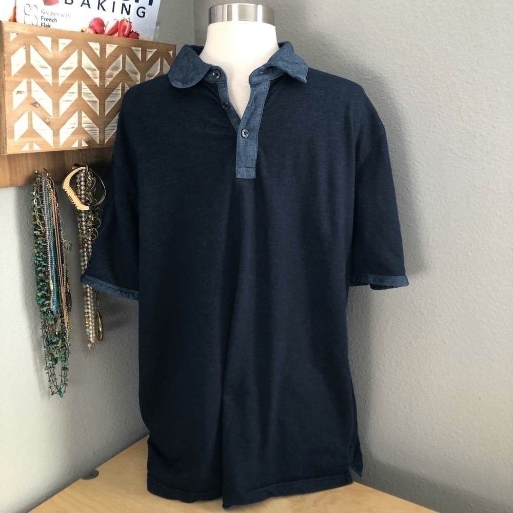 ALAN FLUSSER Navy Blue with Denim Accent Golf Polo Shirt XL Preppy Office